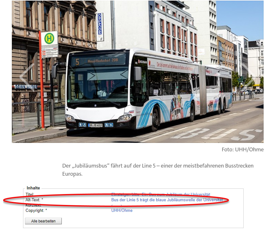 Der Screenshot zeigt oben ein Bild vom Jubiläumsbus und unten den Alternativtext, der im CMS eingetragen wurde